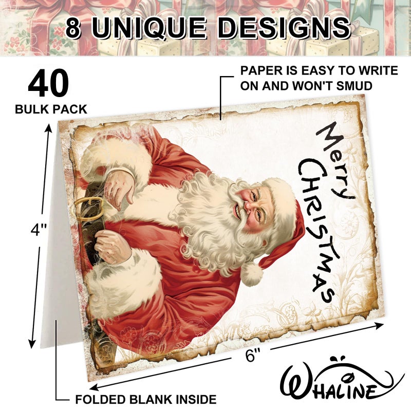 Whaline 40 Packs Christmas Vintage Greeting Cards Retro Xmas Tree Santa Snowman Blank Note Cards with Envelopes and Stickers For Winter Holiday Birthday Party, 4 x 6 Inch - Image 2